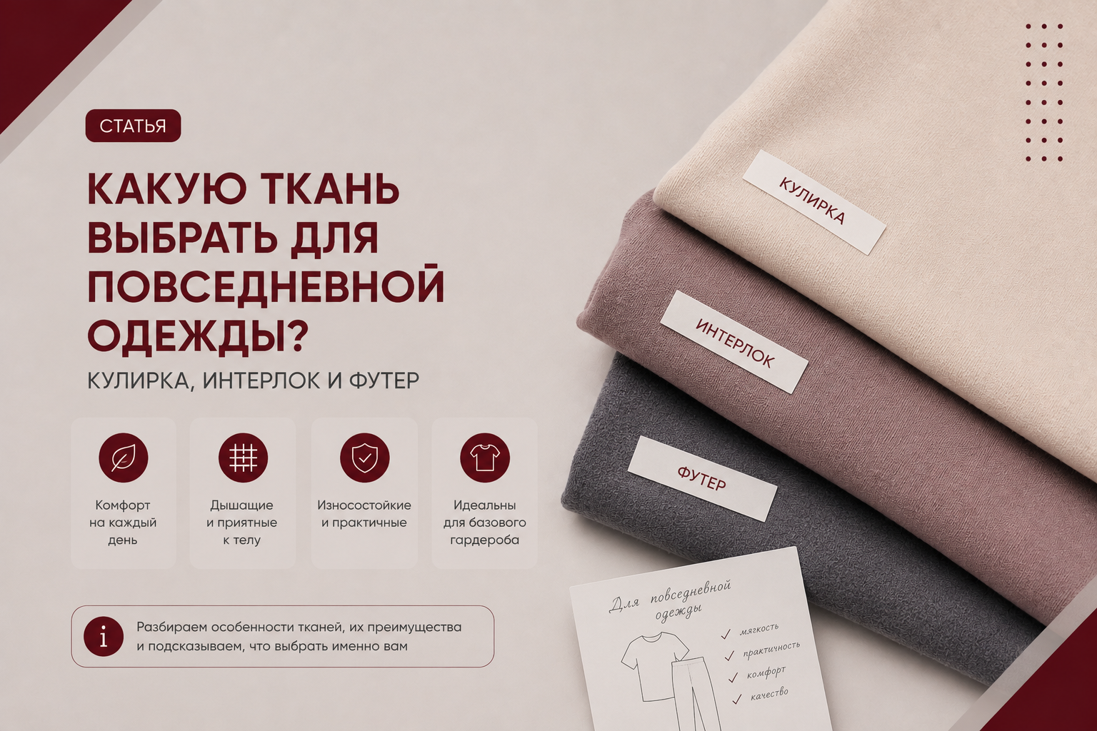 Какую ткань выбрать для повседневной одежды? Кулирка, интерлок и футер Какую ткань выбрать для повседневной одежды? Кулирка, интерлок и футер